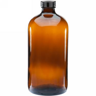 32 oz (960ml) 28/400 Boston Round Amber Glass Bottle w/Black Poly Cone Cap