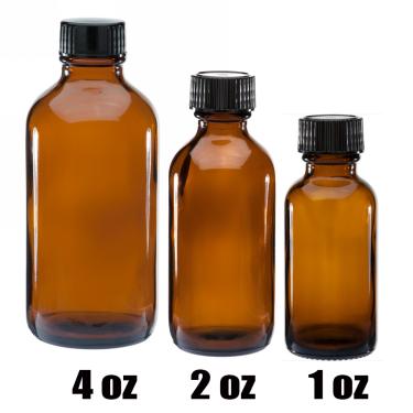 1 oz (30ml) Amber Boston Round Glass Bottle w/Black Poly Cone Cap